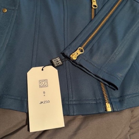 NWT Clara Sunwoo liquid leather single zip jacket size S blue-green color - Picture 7 of 8